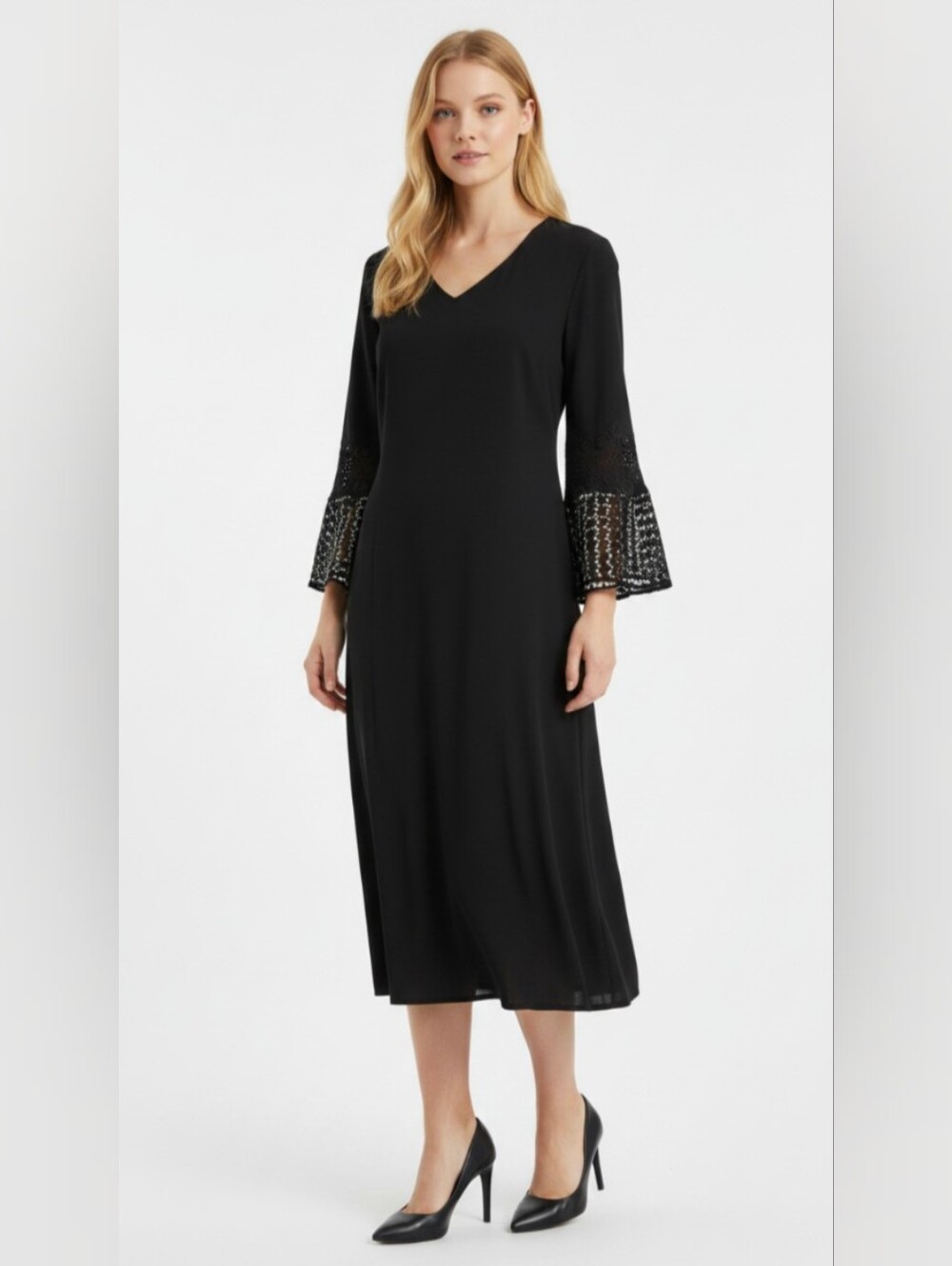 TALBOTS! ELEGANT BLACK KNIT EMBROIDERED BELL SLEEVE CLASSIC SHEATH DRESS! SZ 8